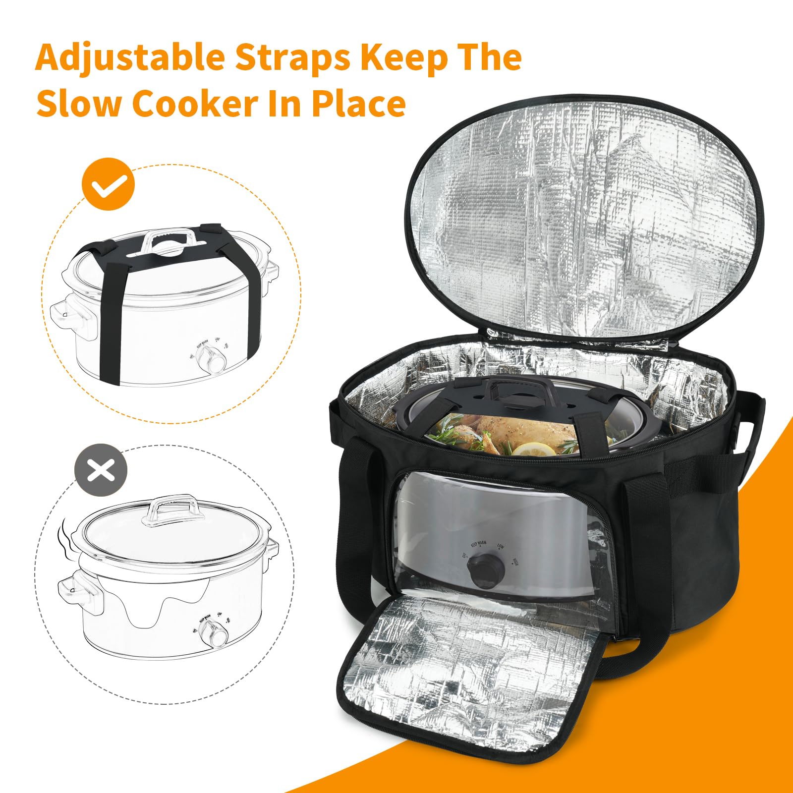 ZIOZERTT slow cooker bag side view shows extra pocket storage.
