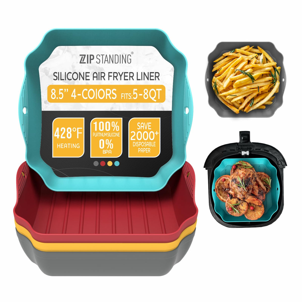 ZIP STANDING silicone air fryer liner with handles for easy transfer and cleanup