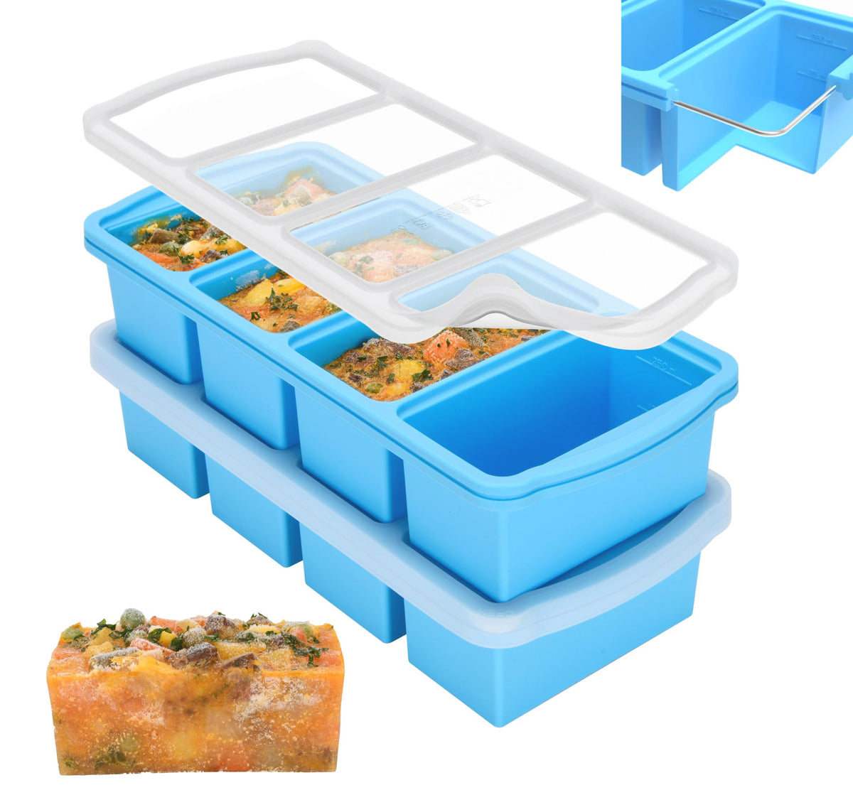 ZIP STANDING silicone freezer trays with lid, front view for organized portions.