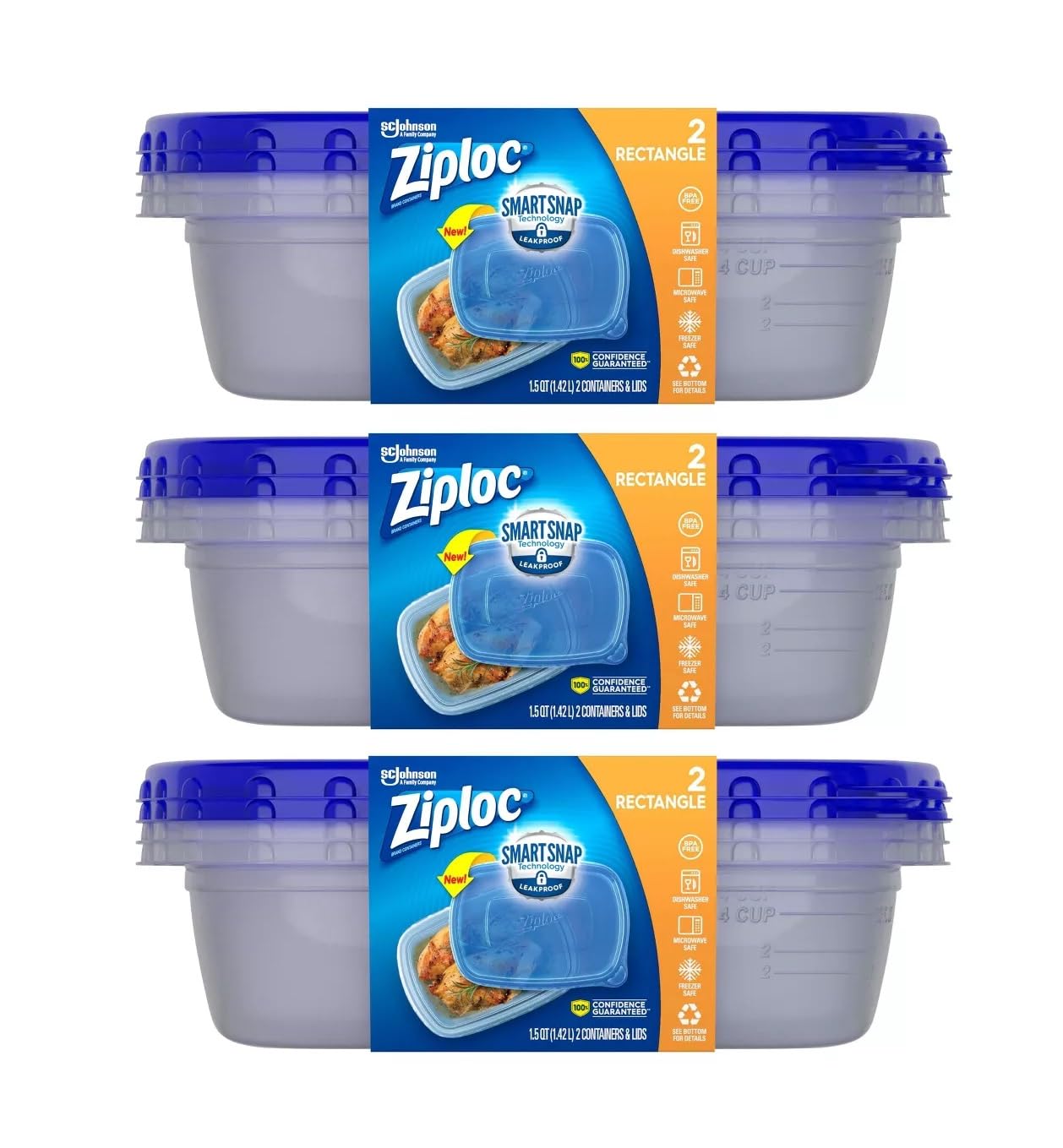 Ziploc Smart Snap rectangle containers with secure lids for fresh meals.