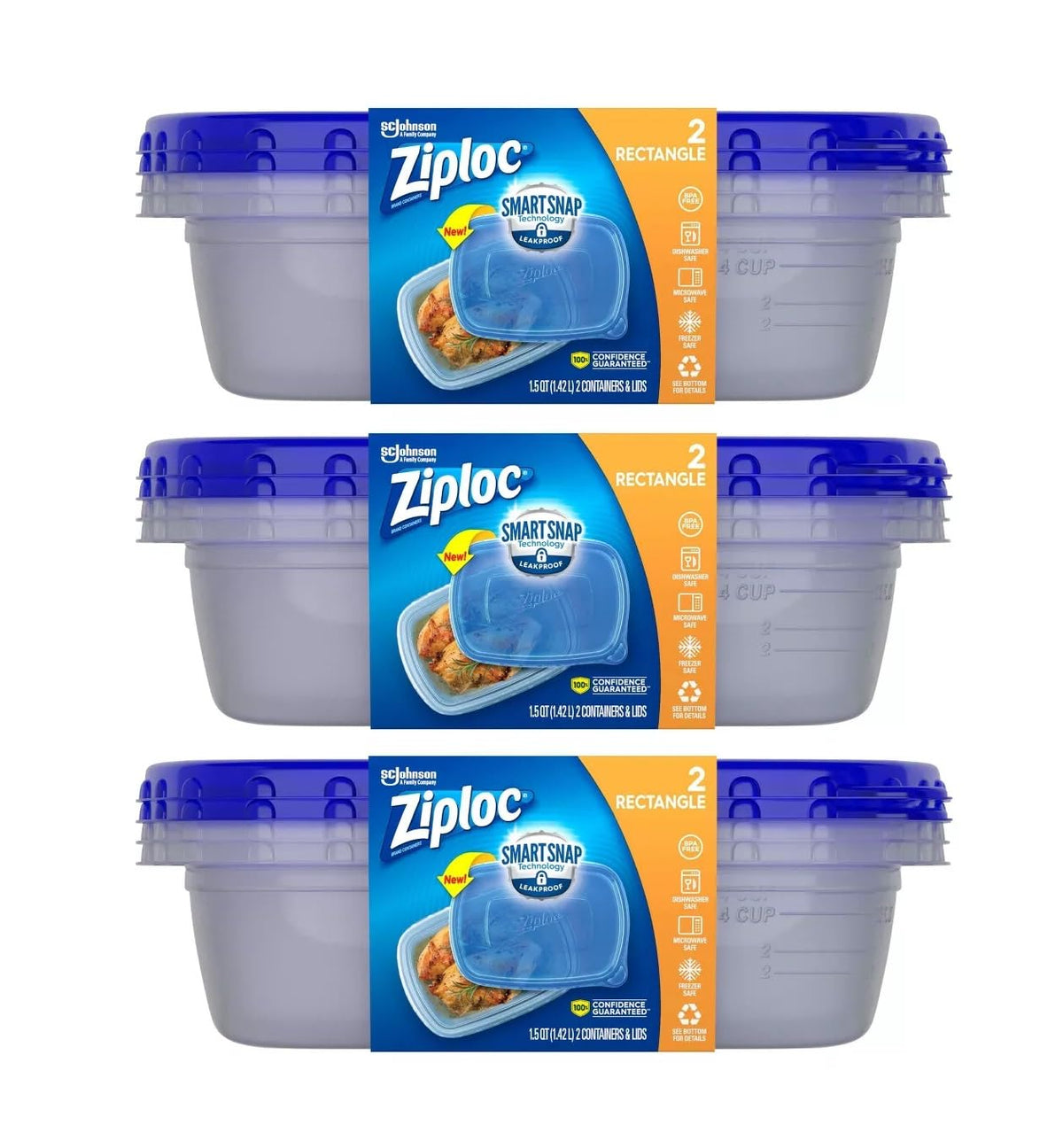 Ziploc Smart Snap rectangle containers with secure lids for fresh meals.