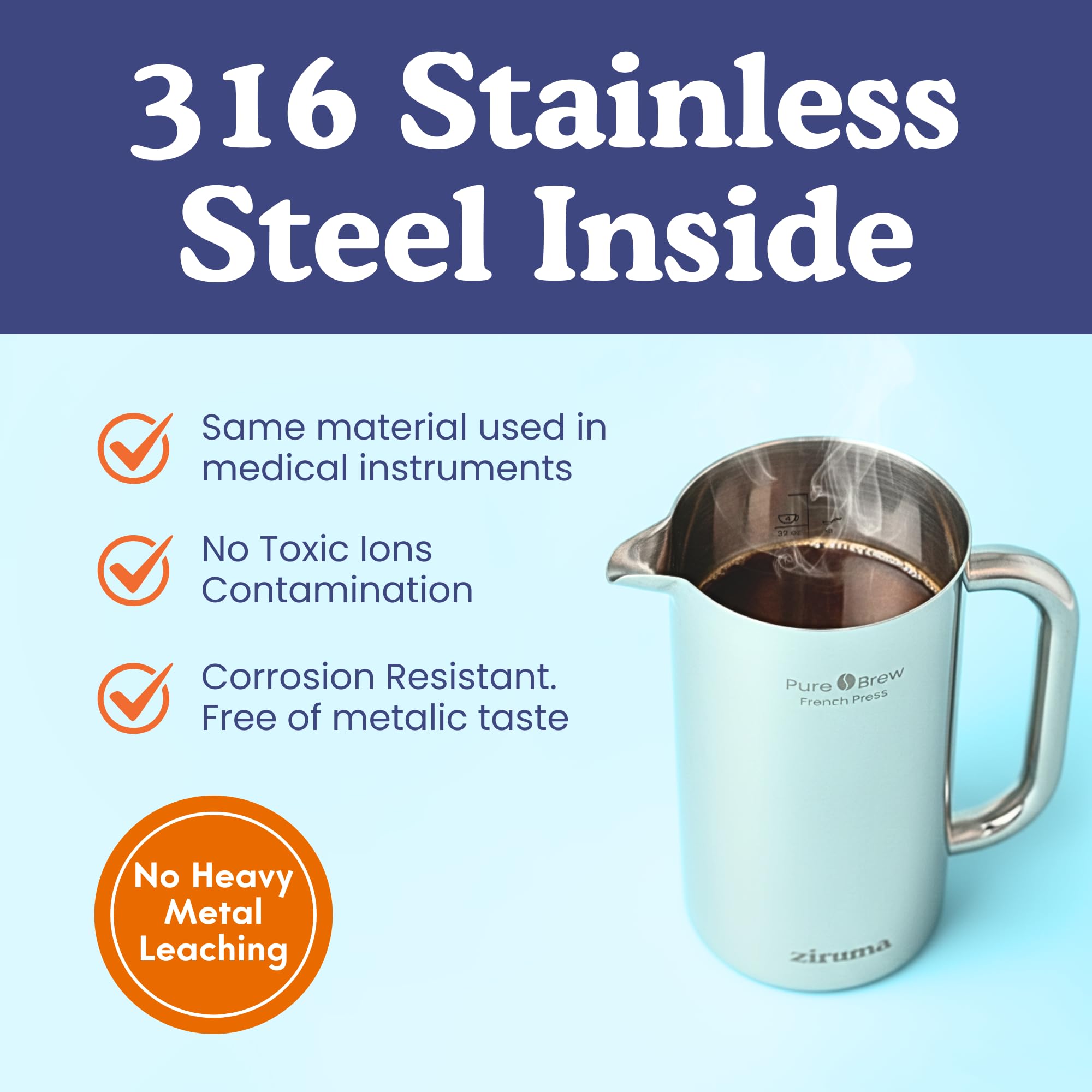 Double-wall insulation of Ziruma press preserves heat while staying cool to touch.
