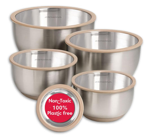 Ziruma mixing bowls set with stainless steel bowls and glass lids for airtight freshness.