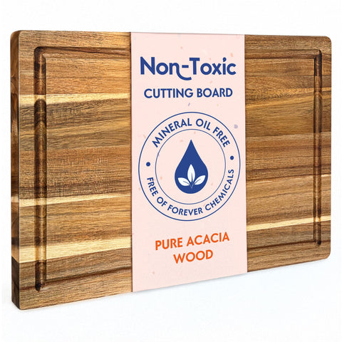 Ziruma non-toxic cutting board with beeswax finish supports safe food contact and natural wood care.