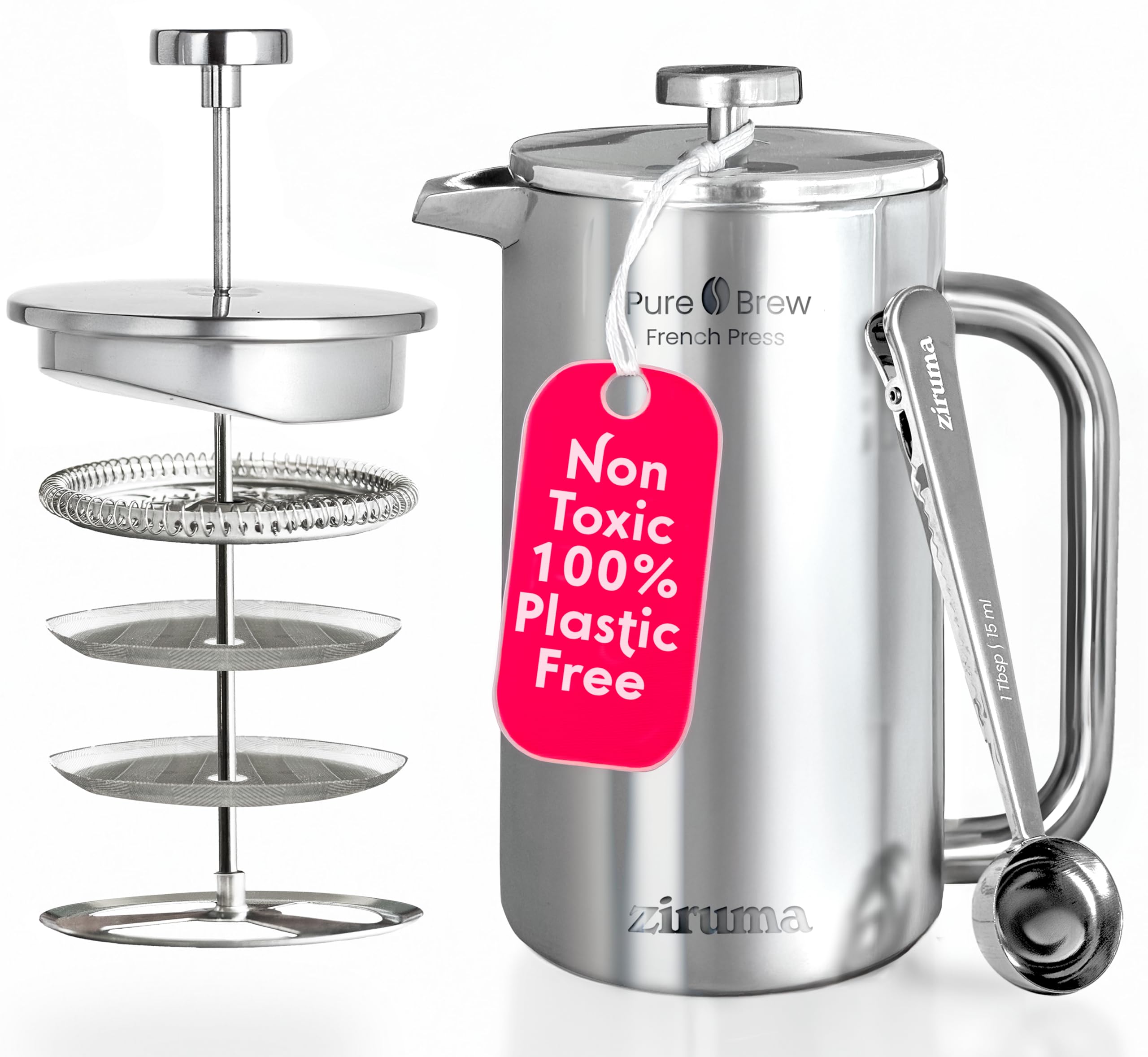 Ziruma non-toxic French press in outer view showing sturdy stainless steel build.