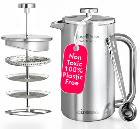 Ziruma non-toxic French press in outer view showing sturdy stainless steel build.