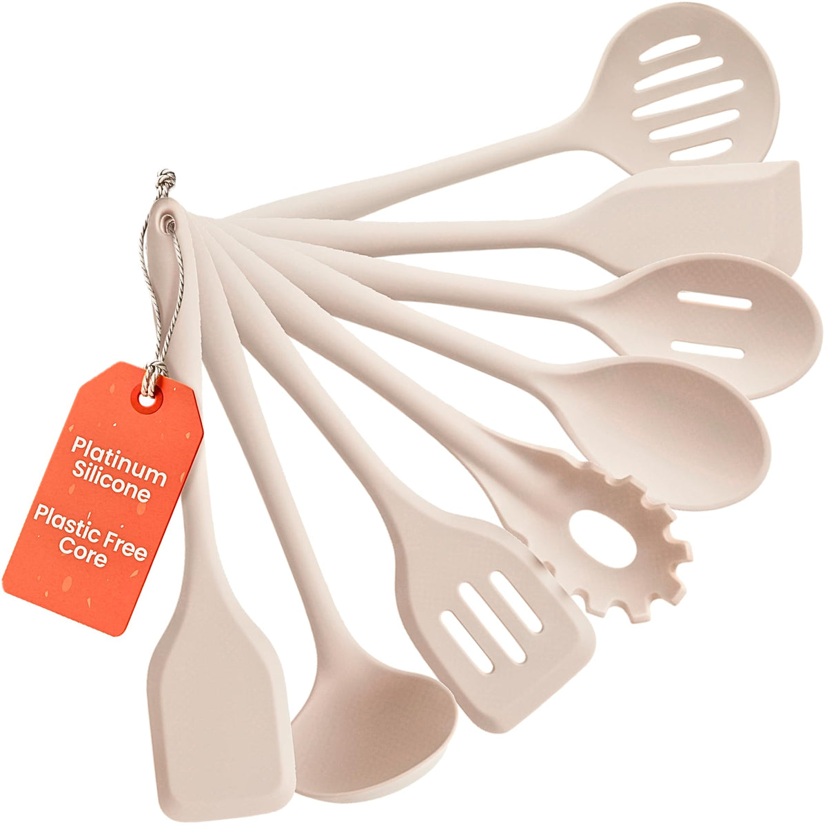Ziruma non-toxic platinum silicone utensils set in beige for safe cooking with stainless steel core