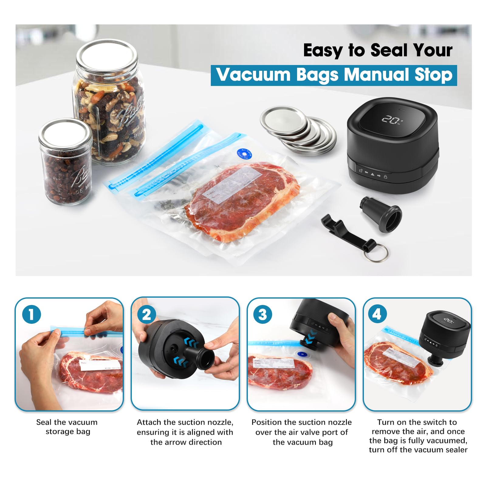 ZIWEO Mason Jar Vacuum Sealer Kit LED display shows status and battery level at a glance