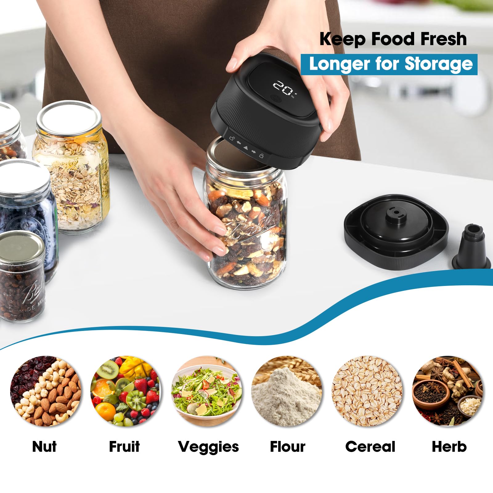 ZIWEO Mason Jar Vacuum Sealer Kit wide-mouth in use demonstrates versatile sealing for large jars