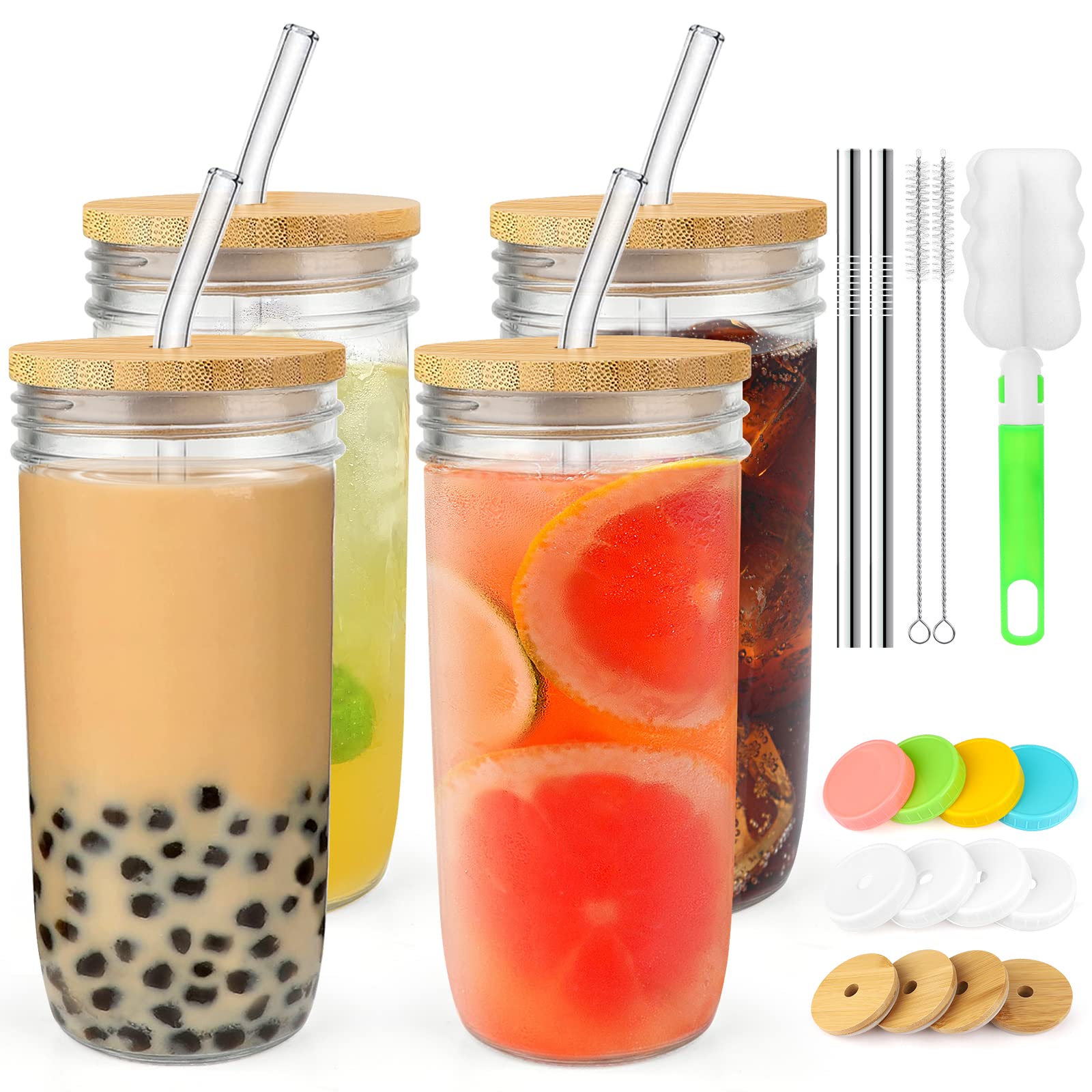 ZIZOTI 4-pack 24oz glass cups with wide mouths, ideal for smoothies and iced drinks.