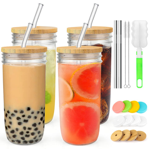 ZIZOTI 4-pack 24oz glass cups with wide mouths, ideal for smoothies and iced drinks.