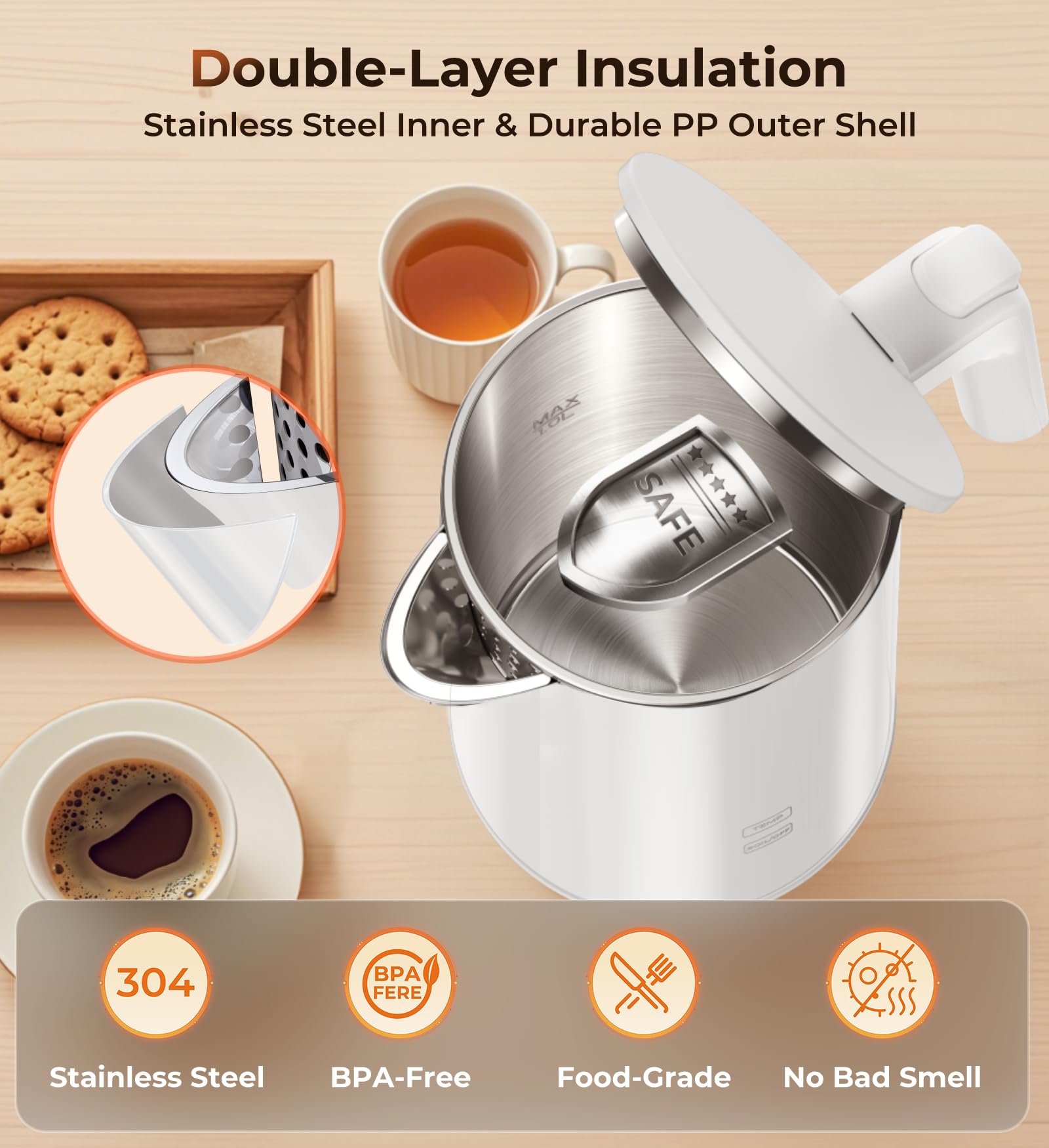 ZKBHOME kettle showing seven temperature settings for precise brews