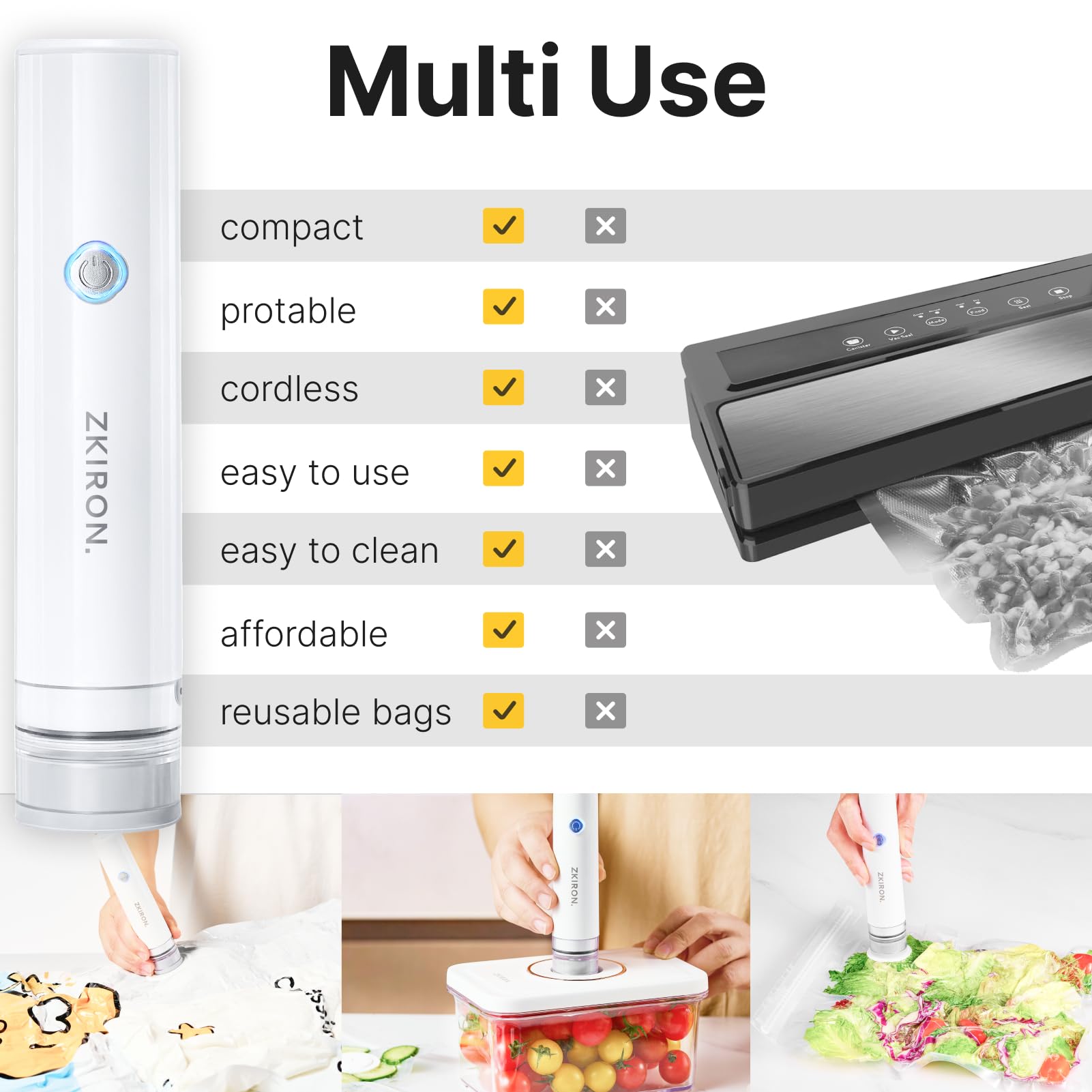 ZKIRON 65kPa suction action quickly seals bags in seconds.