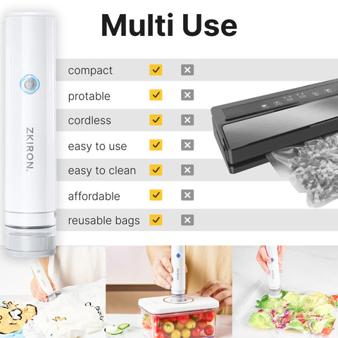 ZKIRON 65kPa suction action quickly seals bags in seconds.