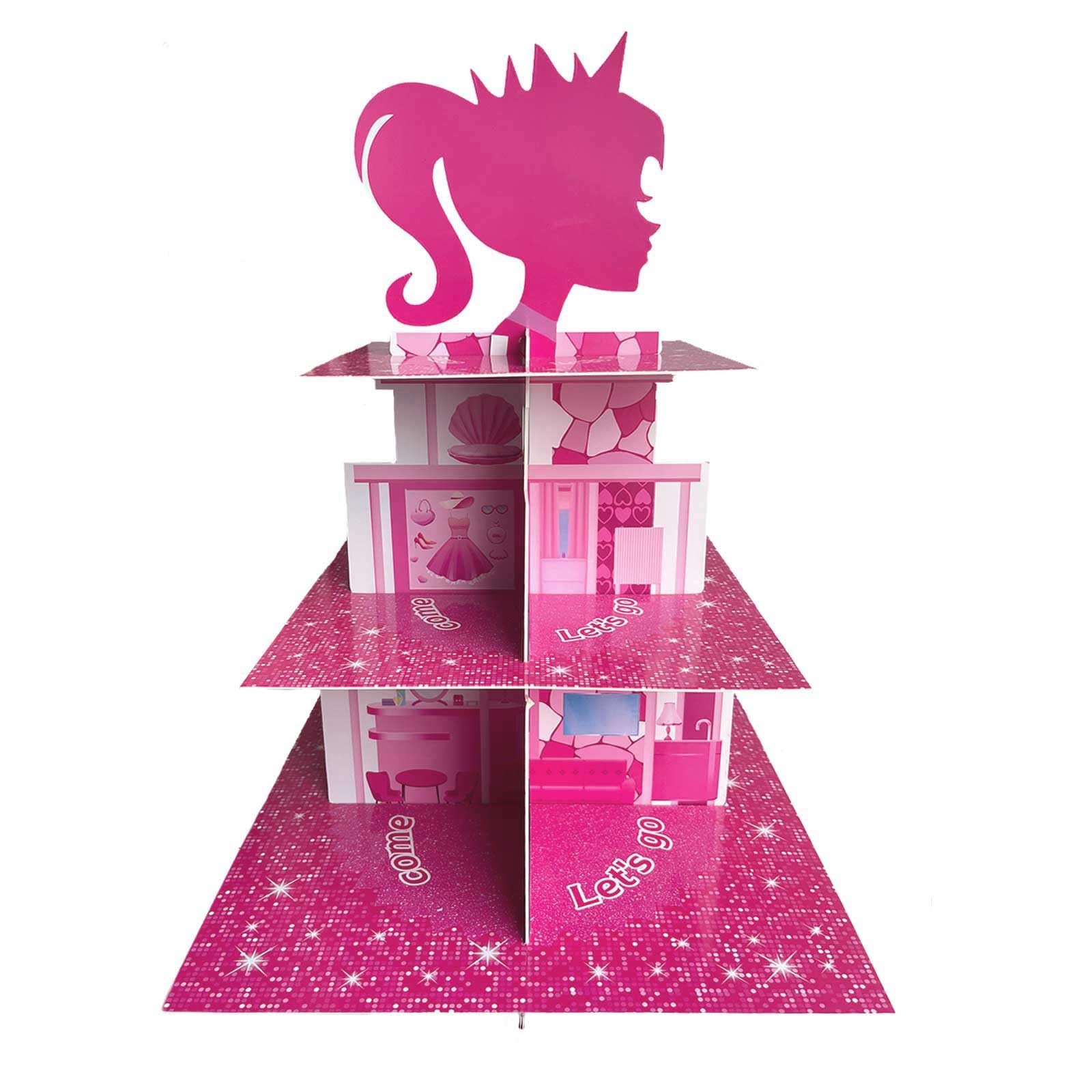 Zliisang Pink Princess Cupcake Stand, side view, a stunning 3-tier dessert display for parties.