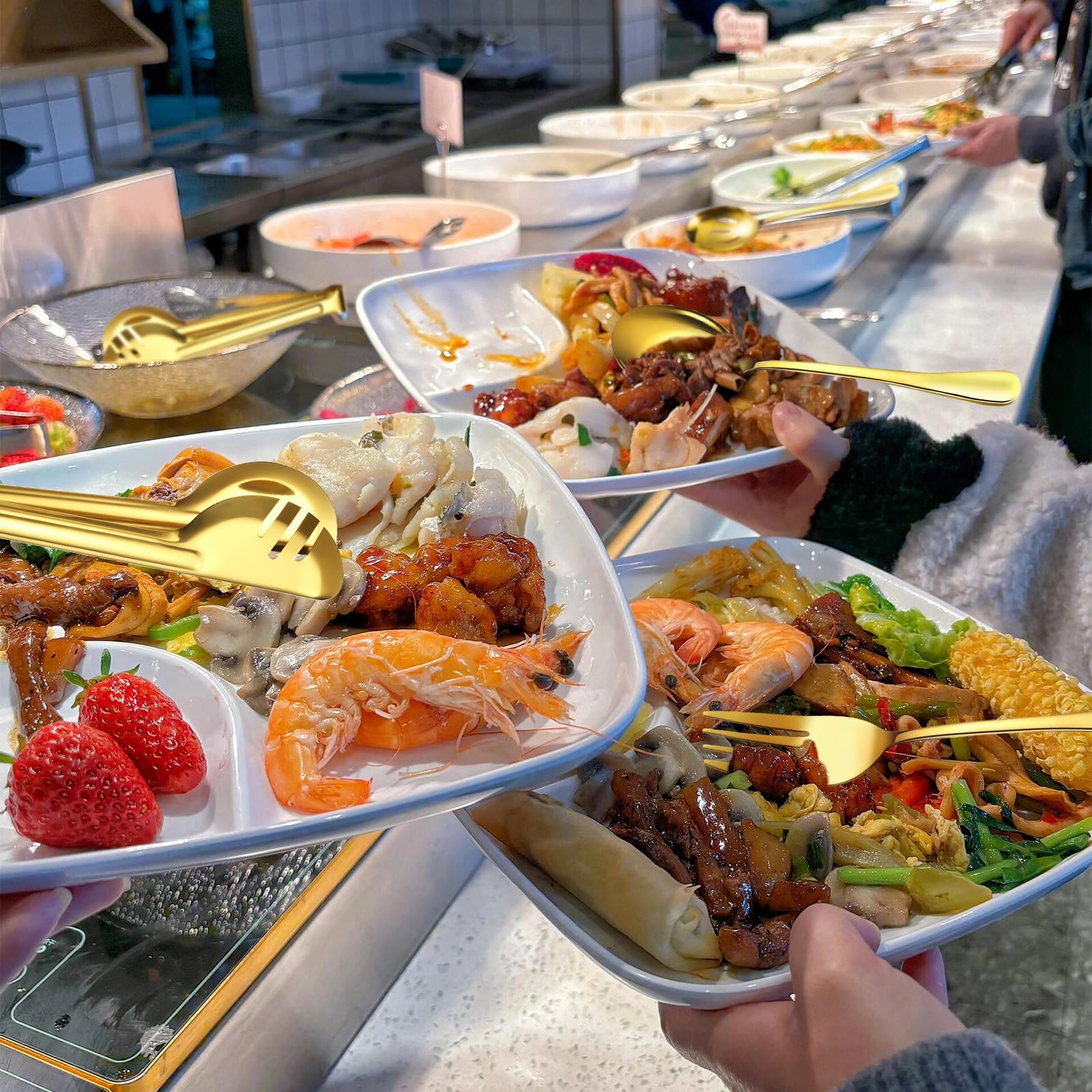 ZLMTZDJD wedding buffet setup showcasing versatile gold-finish utensils