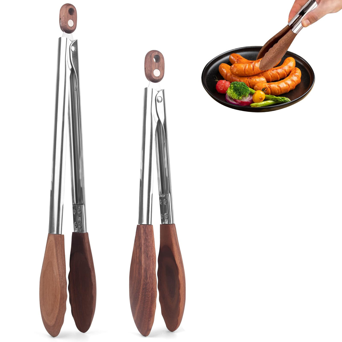 ZLMXXT wooden tip tongs 15in, ideal for grilling while protecting nonstick surfaces.