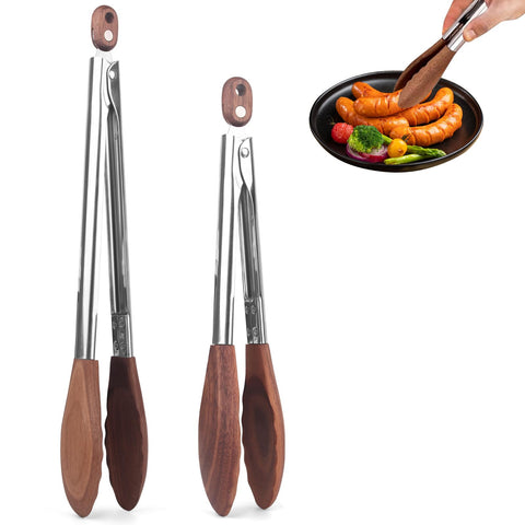 ZLMXXT wooden tip tongs 15in, ideal for grilling while protecting nonstick surfaces.