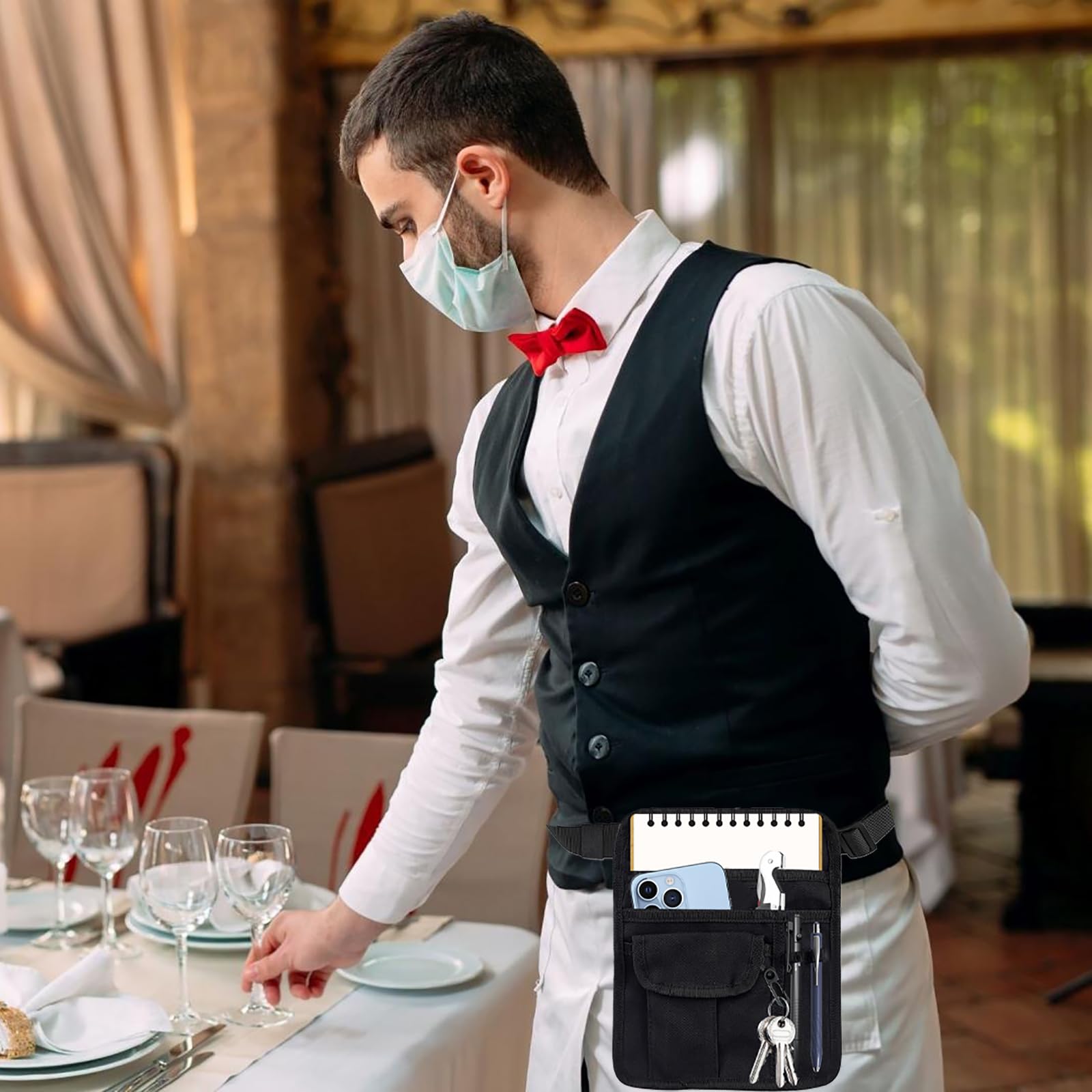 ZMD server waist pouch adapts from 63 cm to 120 cm for versatility.
