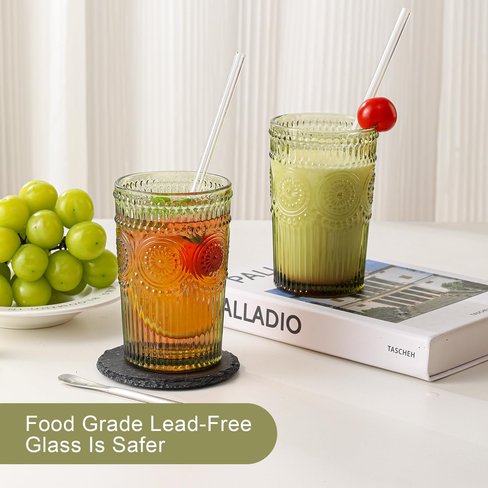 Green textured drinkware on table ready for serving beverages