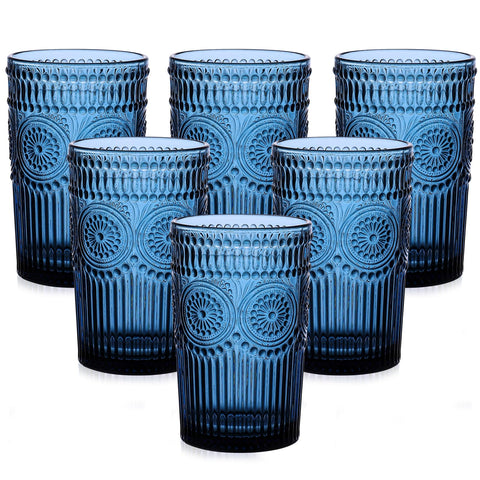 ZMOWIPDL vintage glassware 6pc 13oz blue textured flower tumblers for everyday drinking