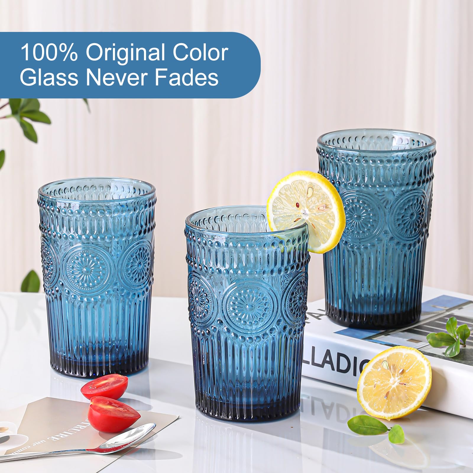 ZMOWIPDL blue tumblers on a table ready for juice or cocktails