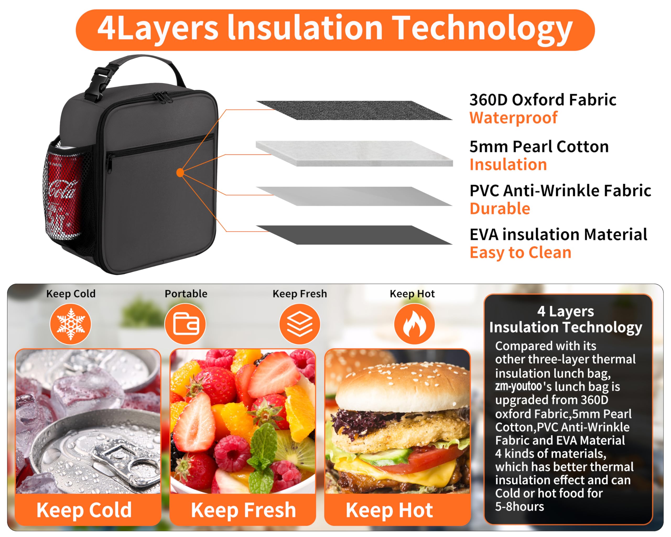 ZM-YOUTOO insulated interior preserves freshness for longer workdays.