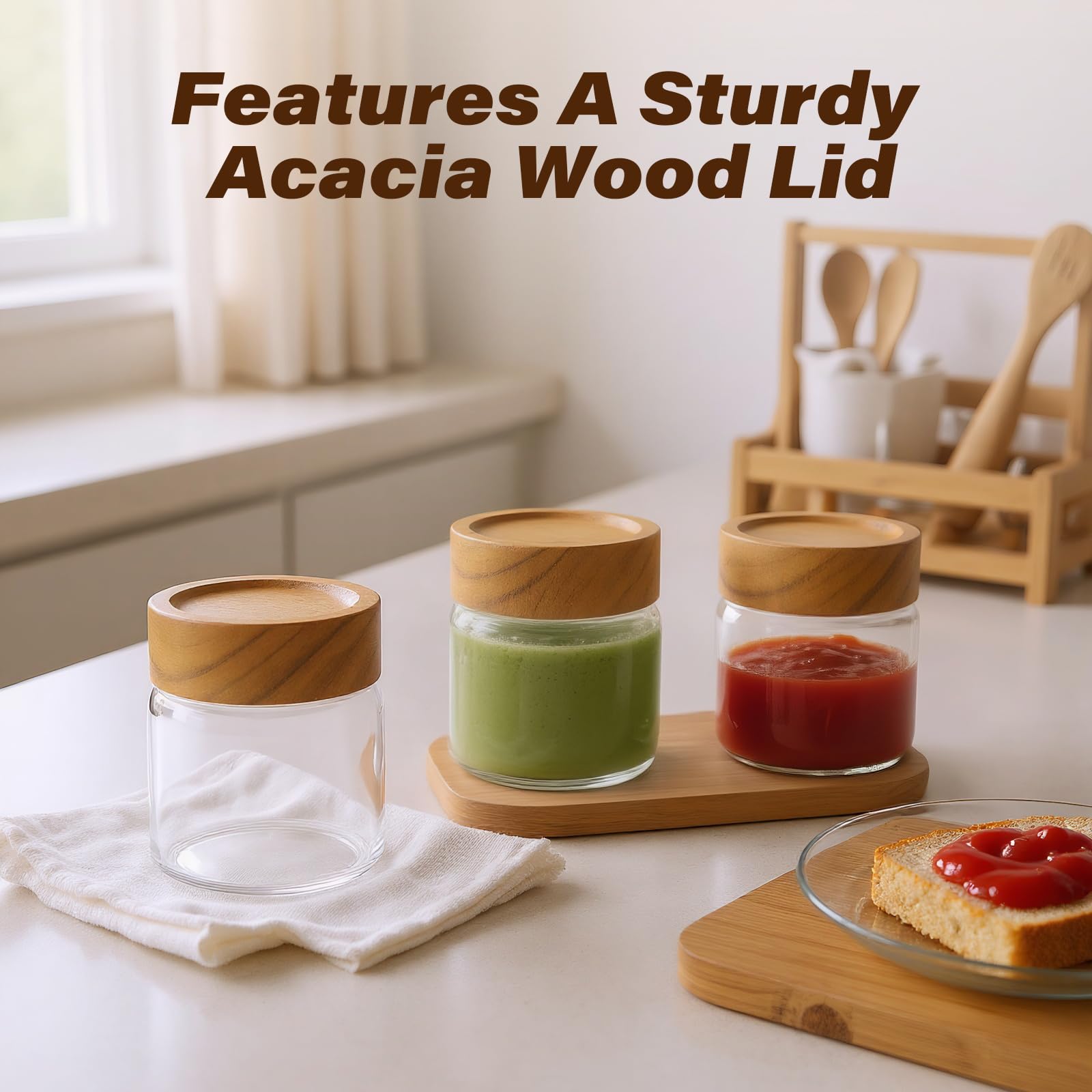 Acacia wood lid close-up on Zoaiirte jars