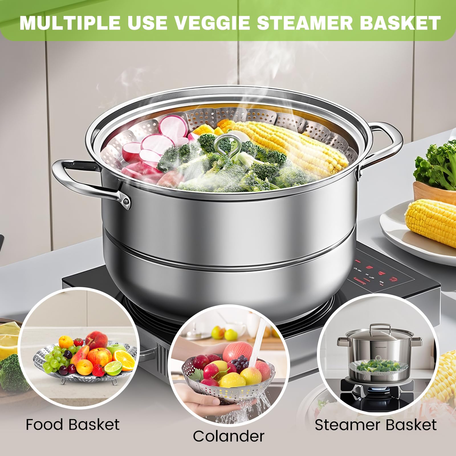 Zocy steamer basket legs screwed off for space-saving storage.