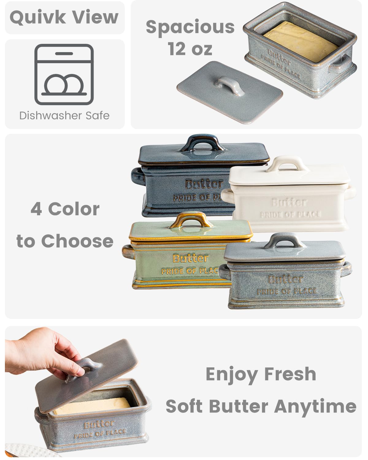 Zoeeker butter dish highlights dual handles for easy transport from fridge to table.