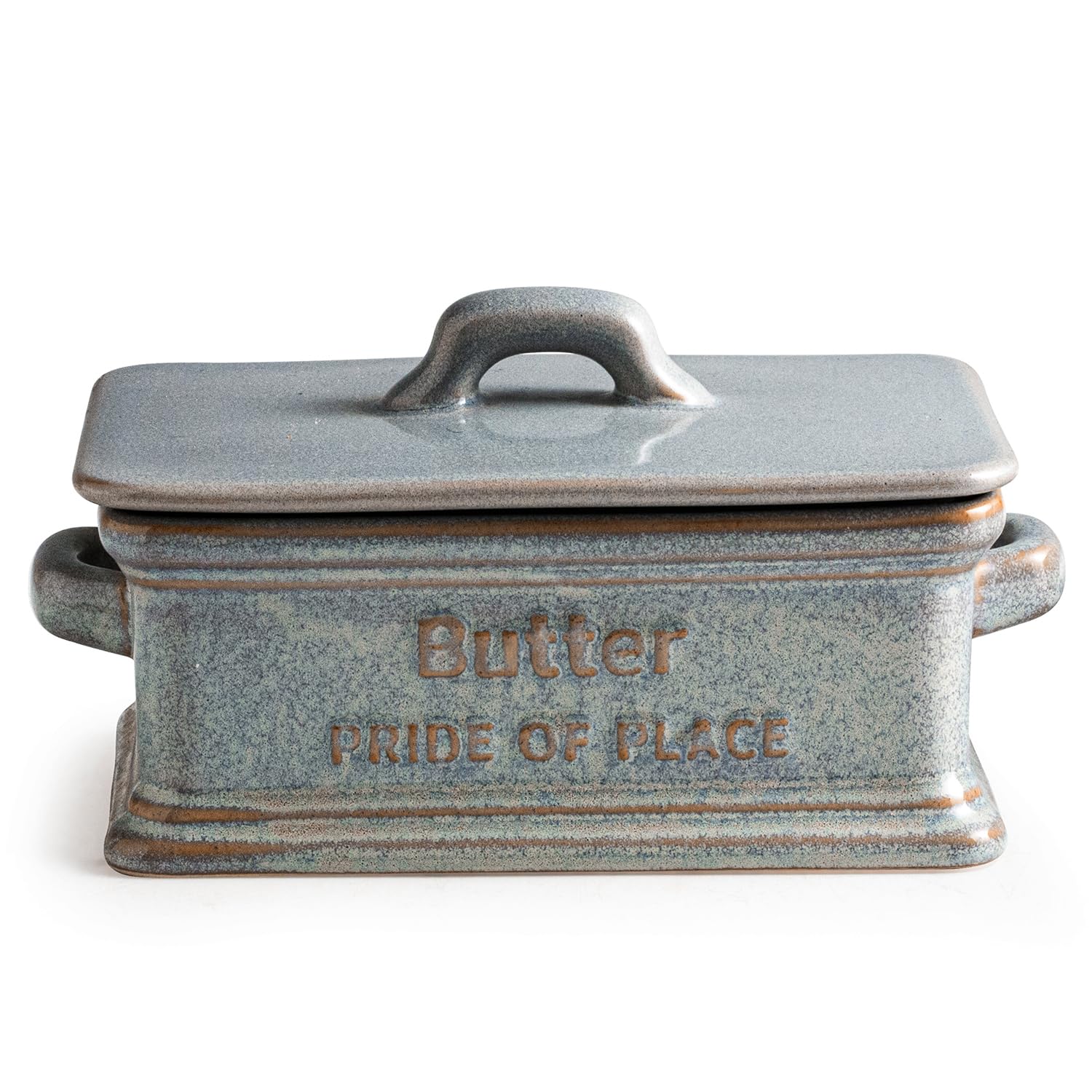 Zoeeker butter dish with lid in gray keeps butter fresh and ready to serve.