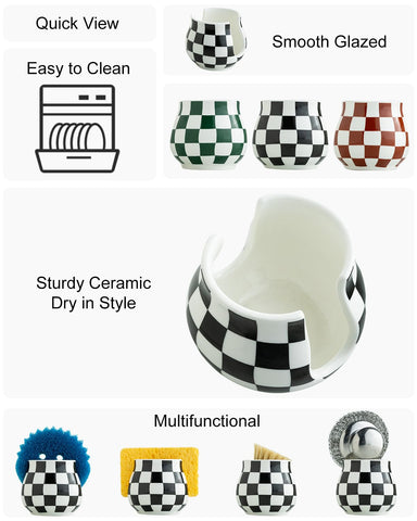 Zoeeker ceramic sink caddy with checkered design organizes sponges and small tools.