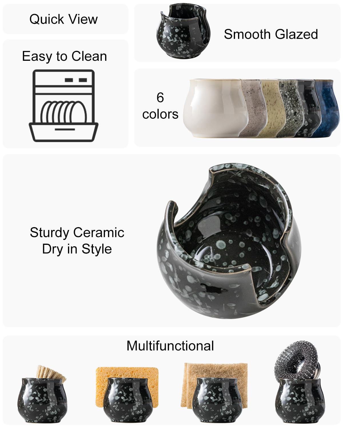 Zoeeker ceramic sponge rack in black adds durable, stylish sink organization