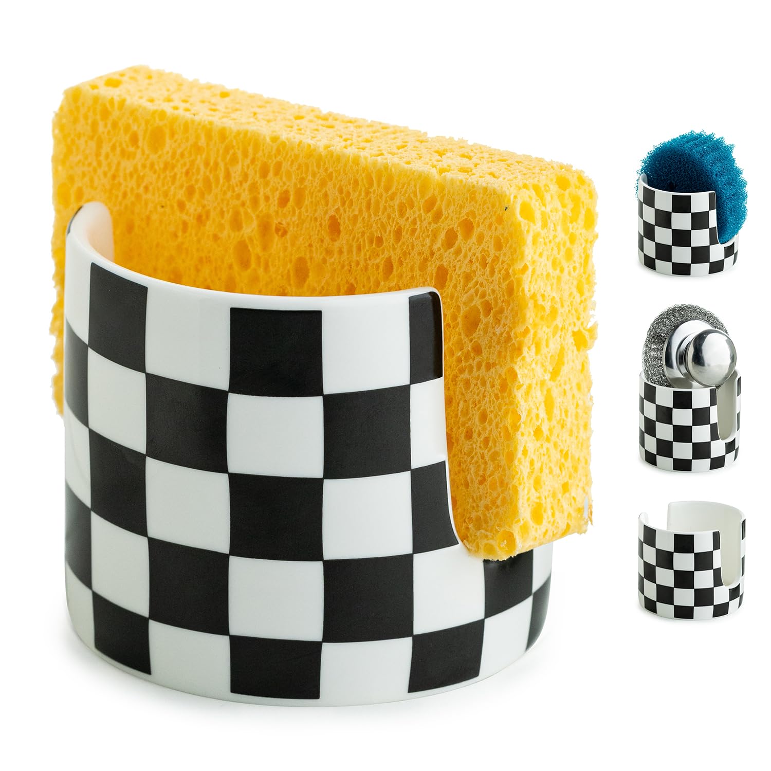 Zoeeker checkered sponge holder keeps sponges neatly organized on the counter.