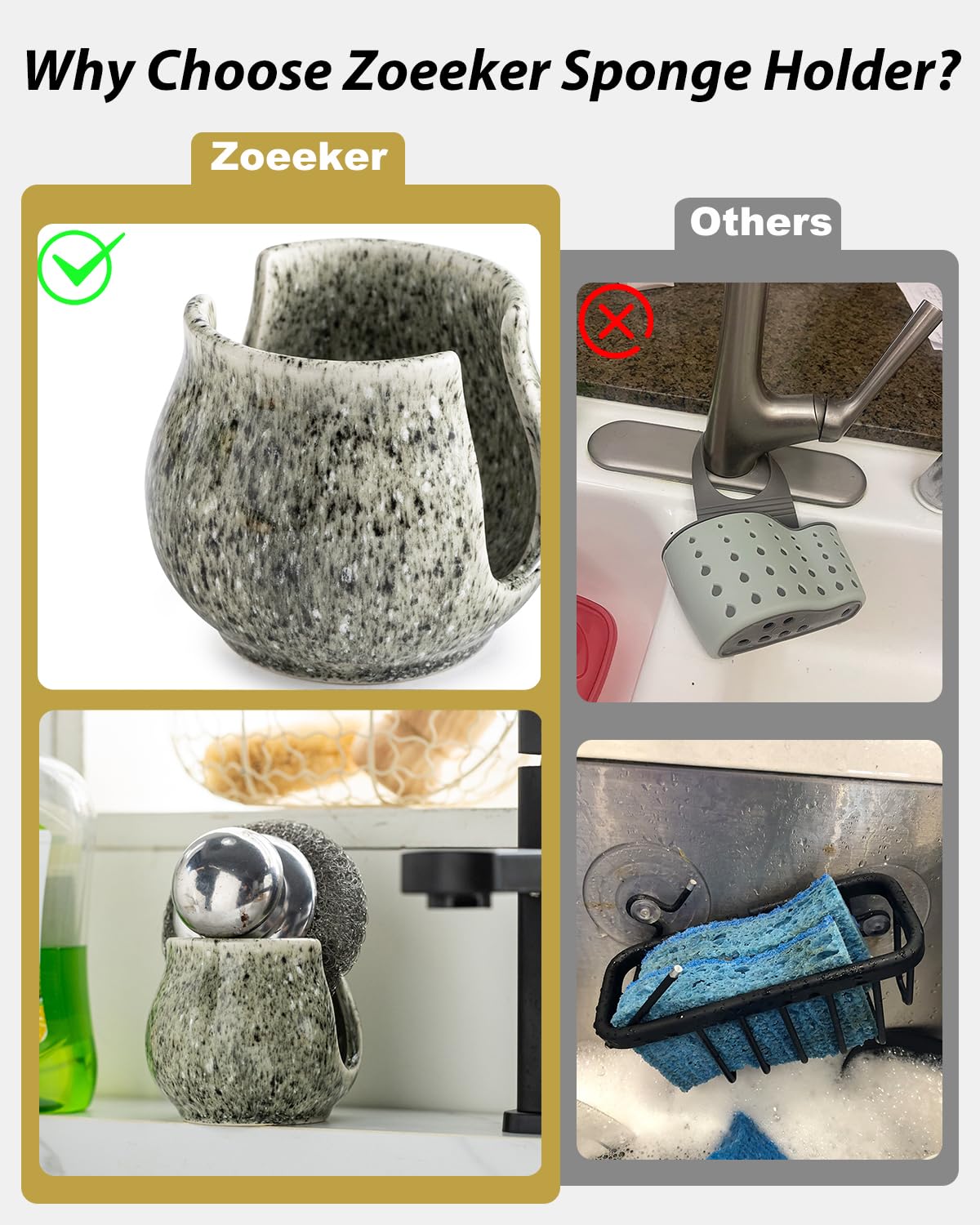 Zoeeker dish brush organizer keeps sink area neat and ready for cleaning tasks.
