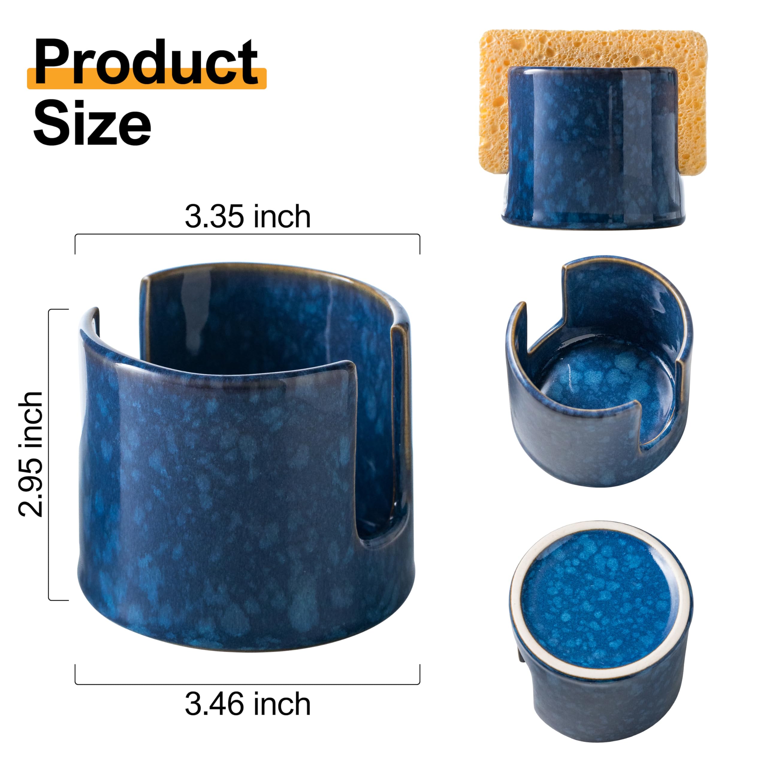 Zoeeker kitchen scrubber holder in blue ceramic near the prep area.