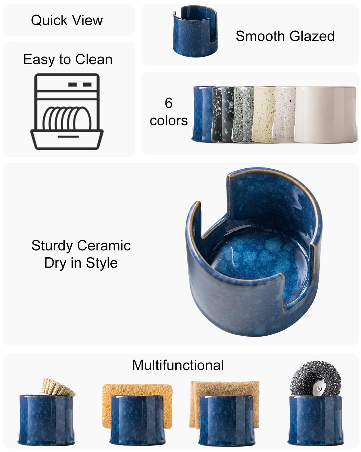 Zoeeker blue ceramic sink caddy keeps essentials within reach.