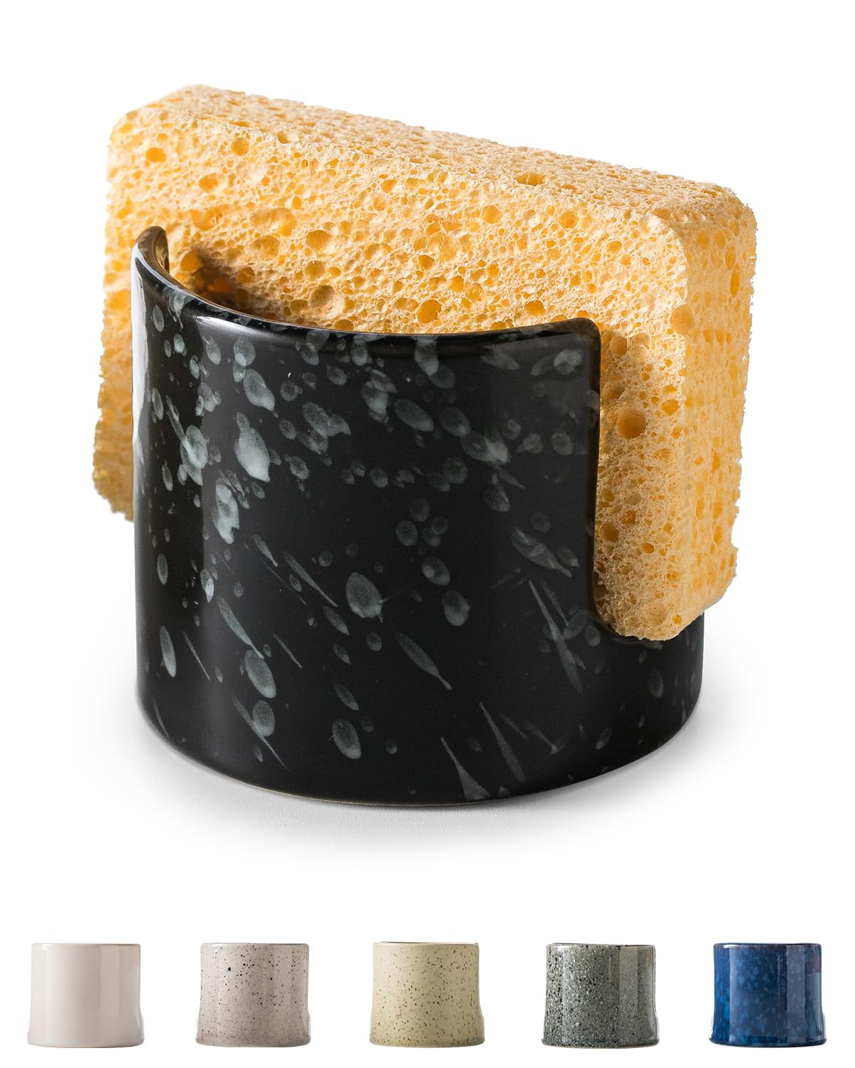 Zoeeker sponge holder in glossy black ceramic keeps your sink tidy.