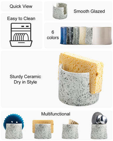 Zoeeker ceramic sponge holder, side view highlights compact design ideal for small countertops.