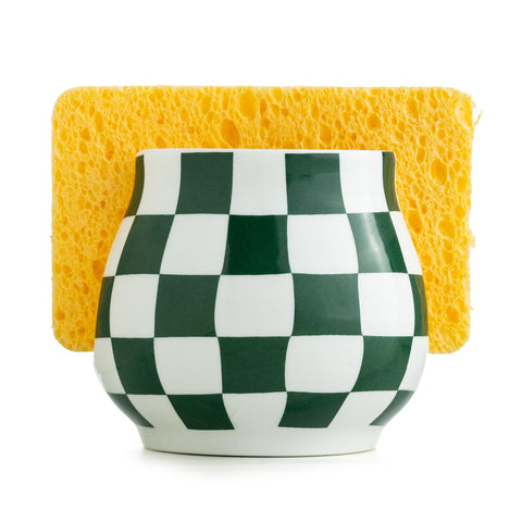 Zoeeker ceramic sponge holder with checkered design keeps sponge dry and organized at the sink