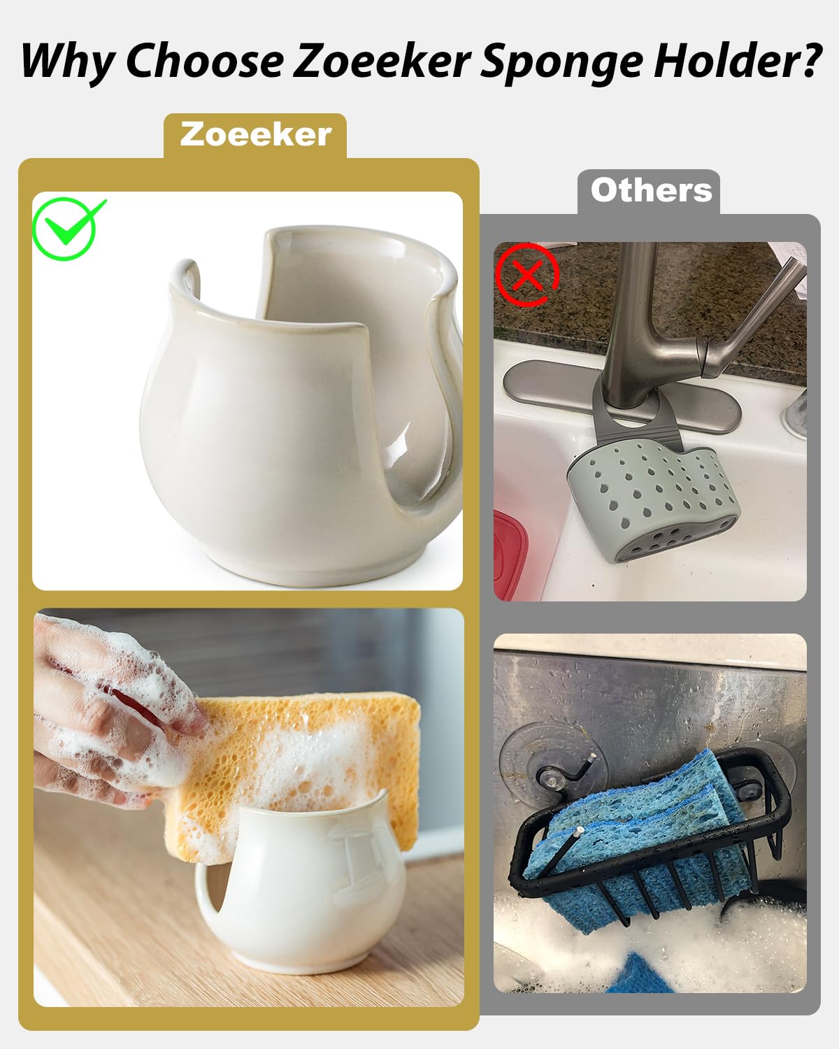 Zoeeker ceramic holder with compact diameter fits most sponges and brushes.