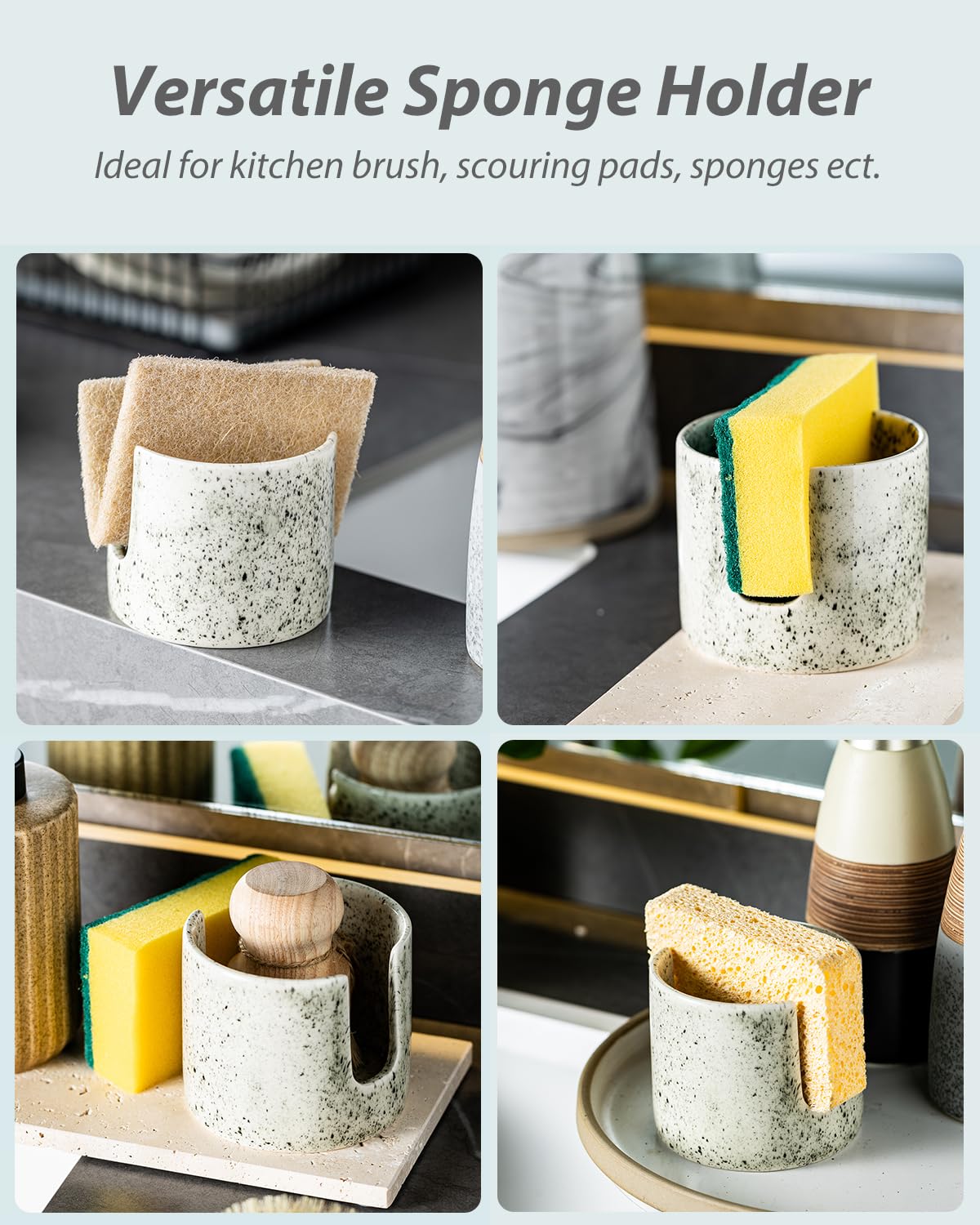 Zoeeker kitchen sponge holder demonstrates compact footprint for sponges, soap, and scrubbers.