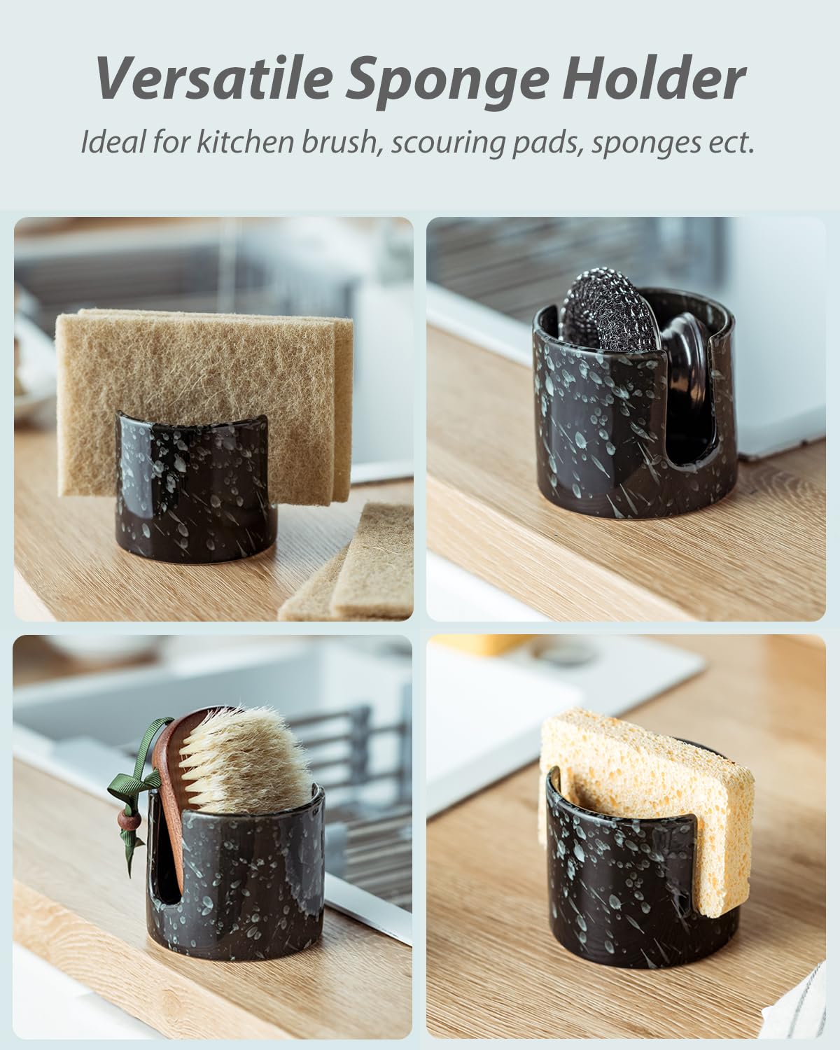 Zoeeker sponge holder stores sponges soap and scrubbers neatly.