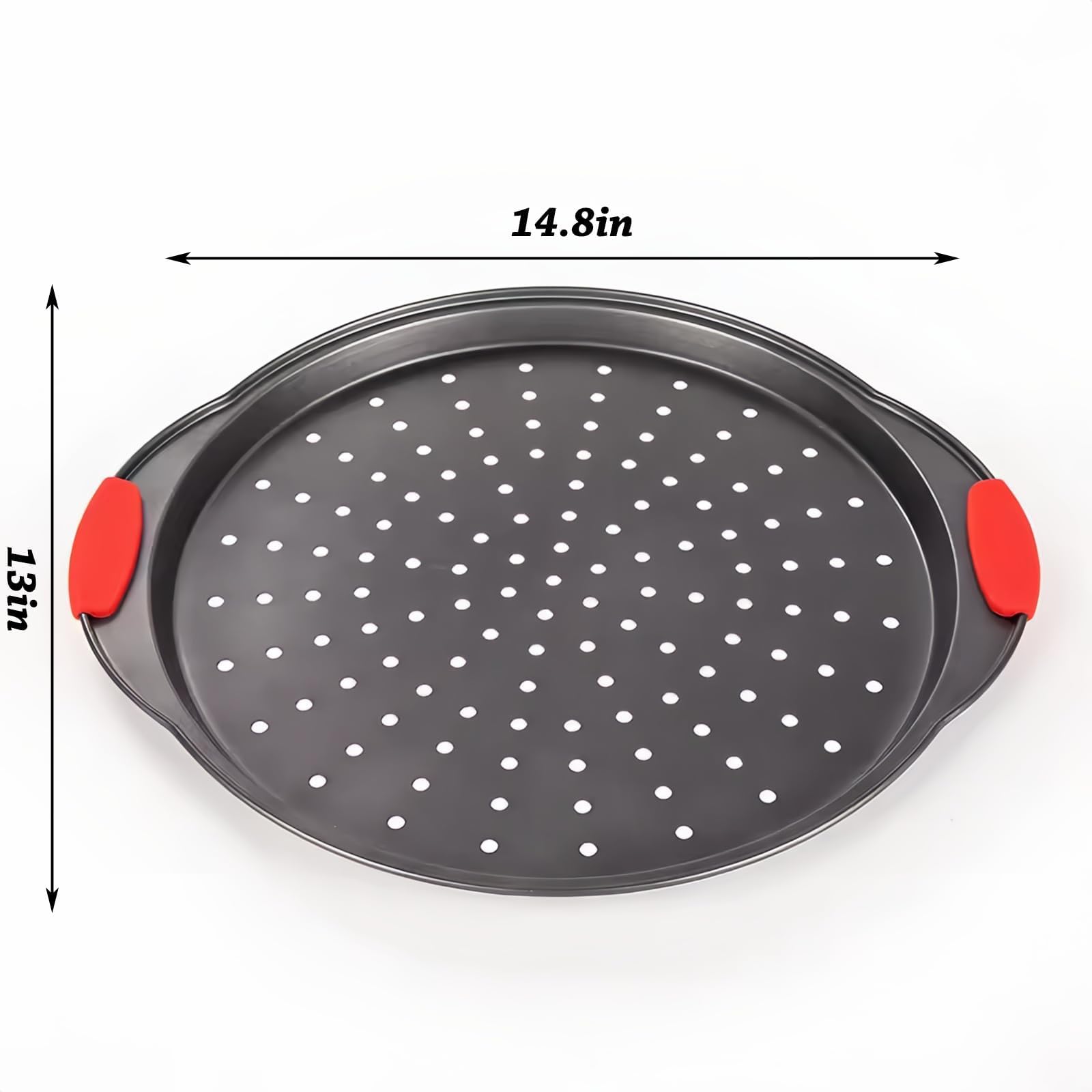 ZOEHROWS two-pack pizza pans with silicone handles for safe, easy gripping while baking.