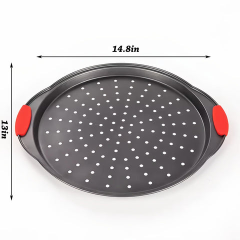 ZOEHROWS two-pack pizza pans with silicone handles for safe, easy gripping while baking.