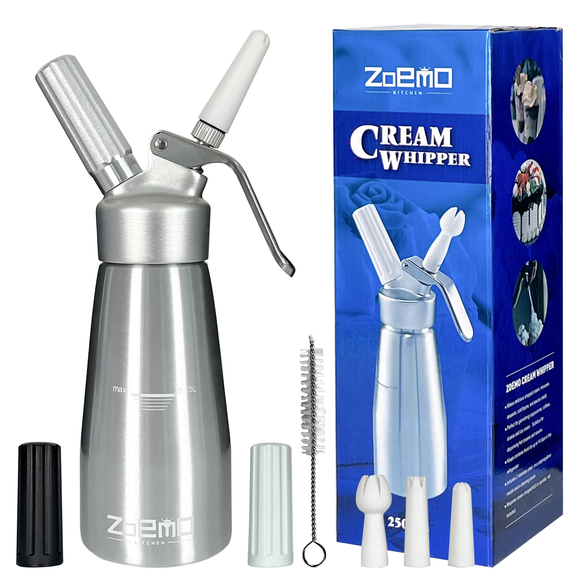 Zoemo professional whipped cream dispenser body in brushed stainless steel for durable kitchen use.