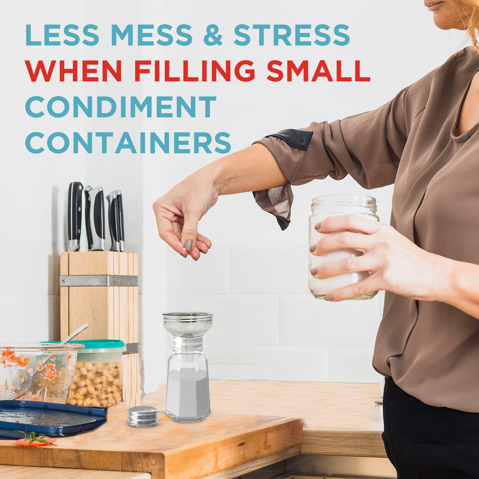 Zoie + Chloe narrow mouth funnel reduces spills when transferring spices.