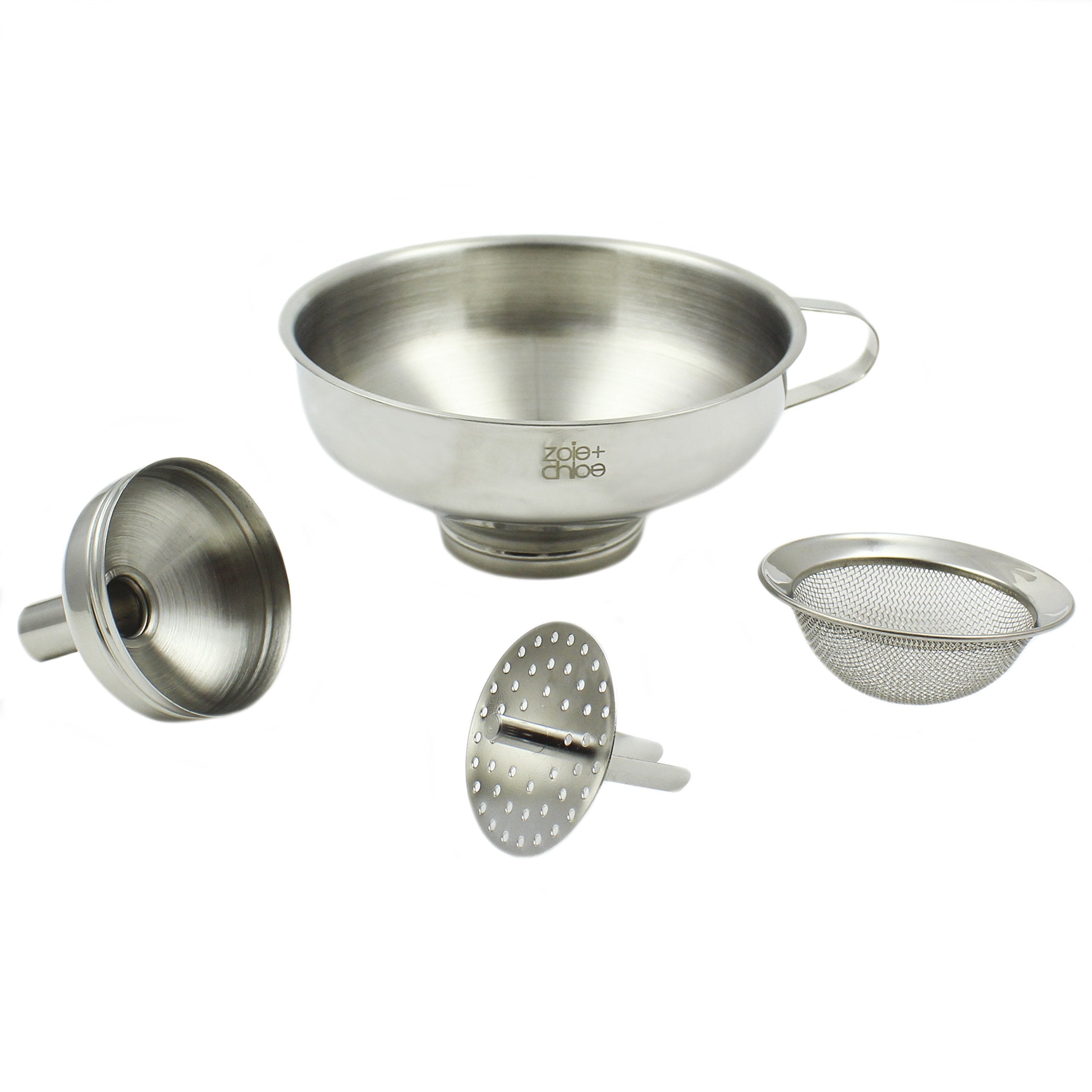 Zoie + Chloe wide mouth funnel enables easy pouring for large batches.