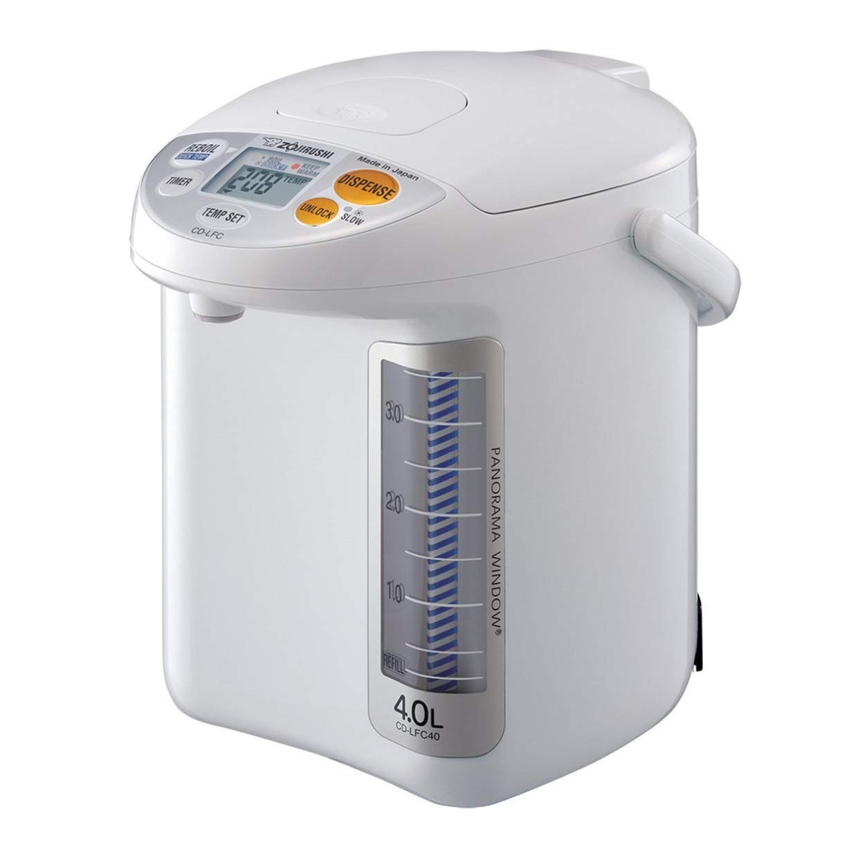 Zojirushi CD-LFC40 panorama window front view showing 135 oz capacity for easy hot water monitoring