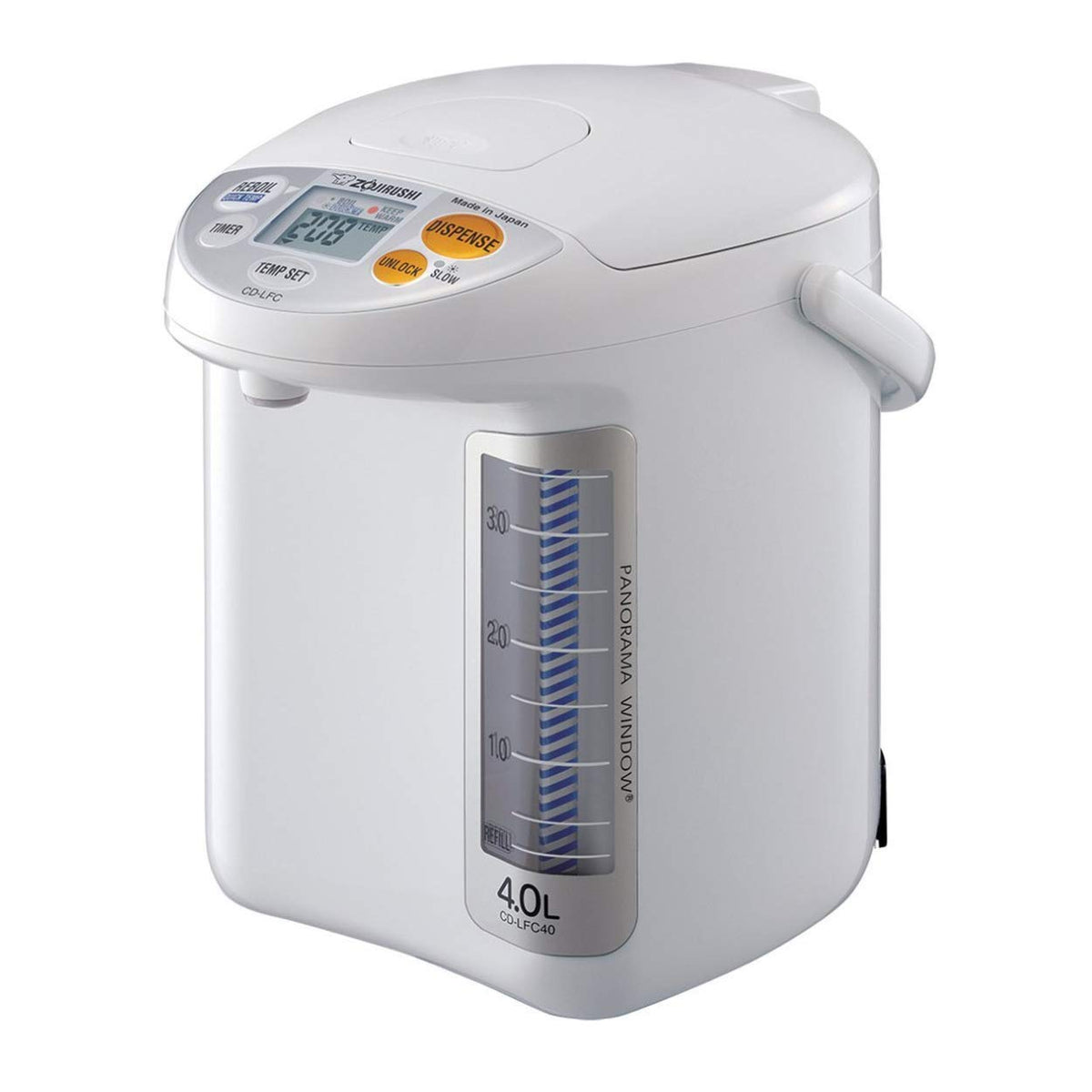 Zojirushi CD-LFC40 panorama window front view showing 135 oz capacity for easy hot water monitoring
